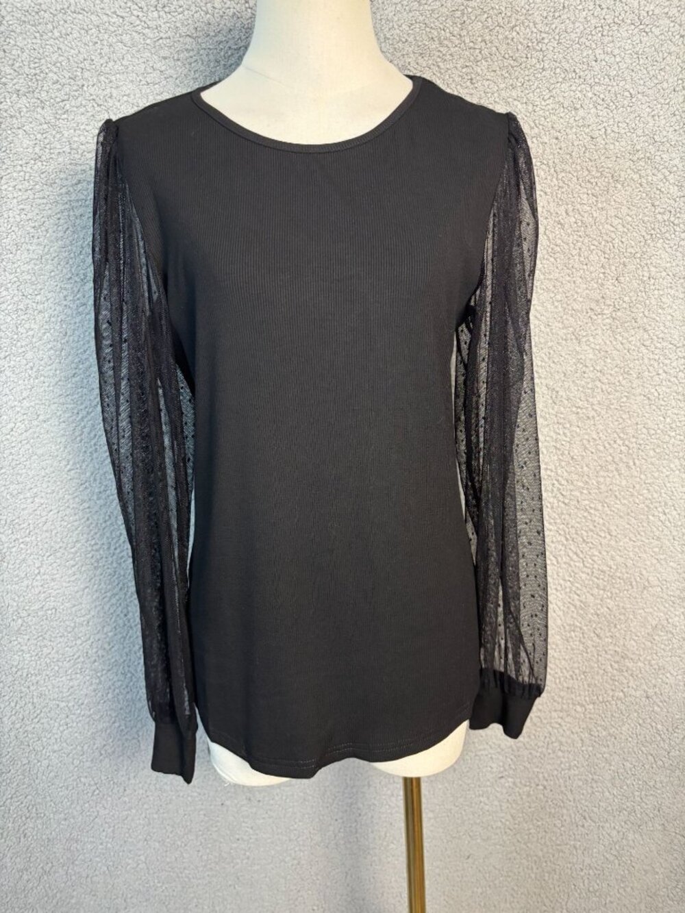 Luxveer Women's Black Ribbed Knit Top Sheer Polka Dot  Long Sleeves Size L NWT's
